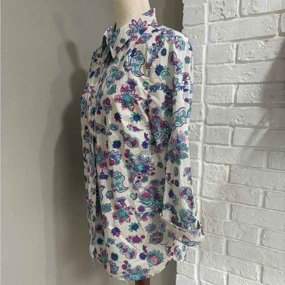 Women’s Button-Down Floral Print — White with Teal & Purple - Picture 2 of 4